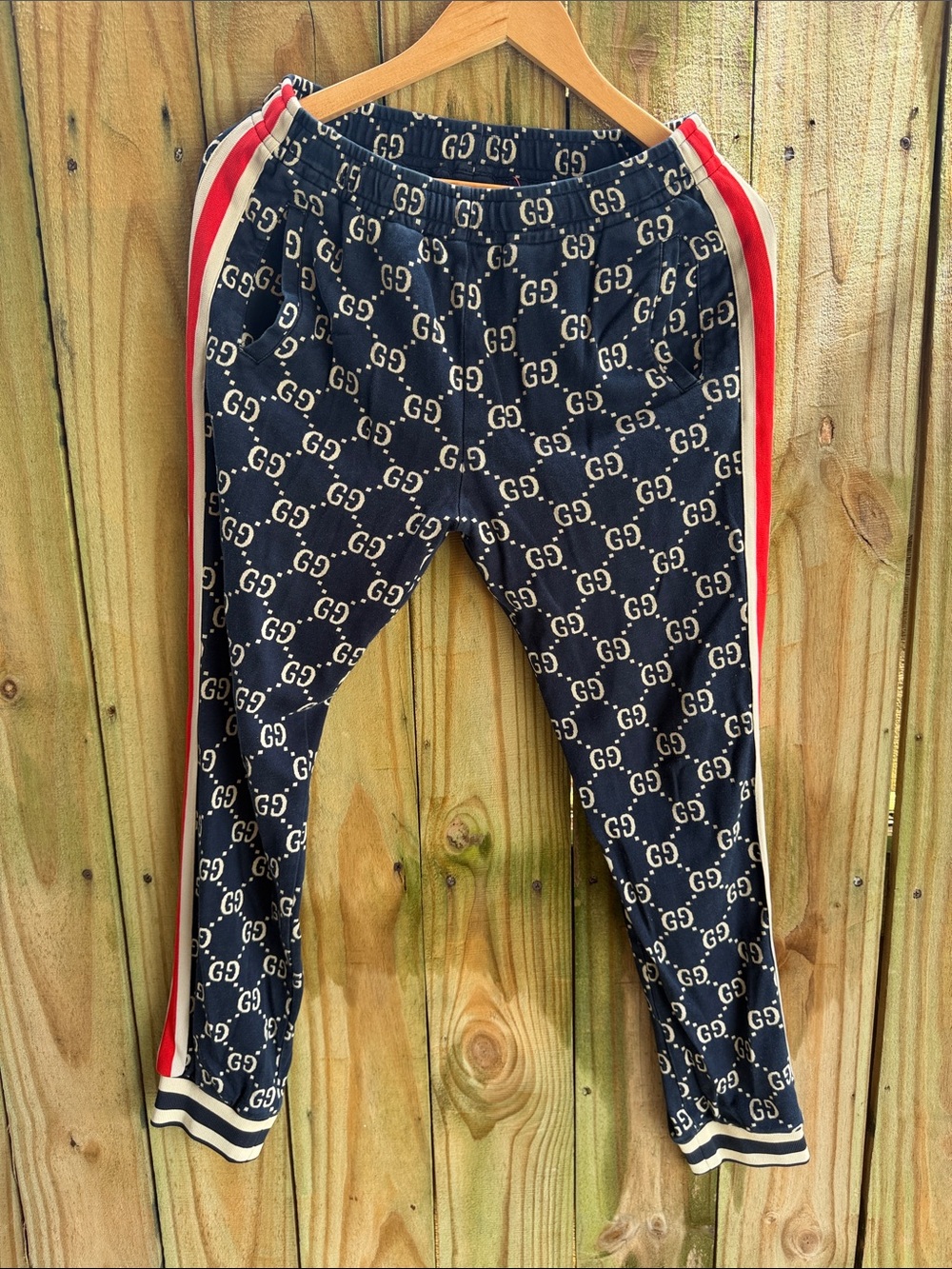 Gucci Navy GG Monogram Joggers with Red & White Side Stripes